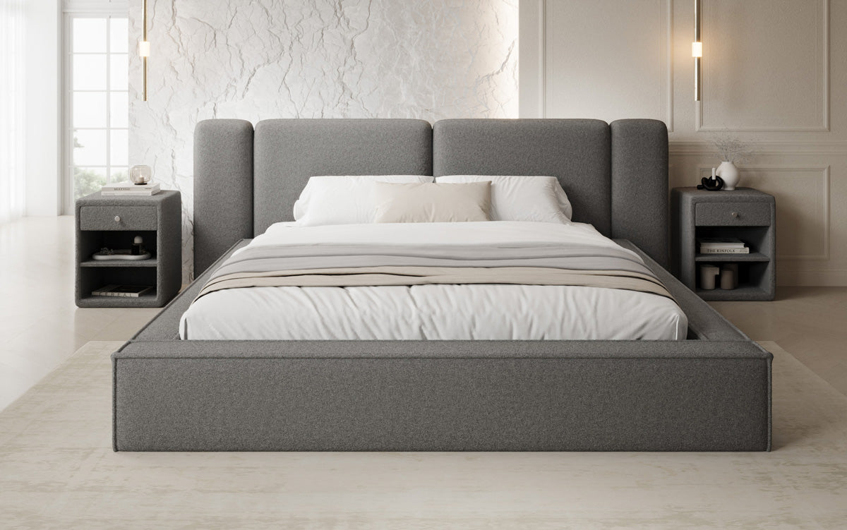 Designer upholstered bed Klara in Teddy bouclé with storage