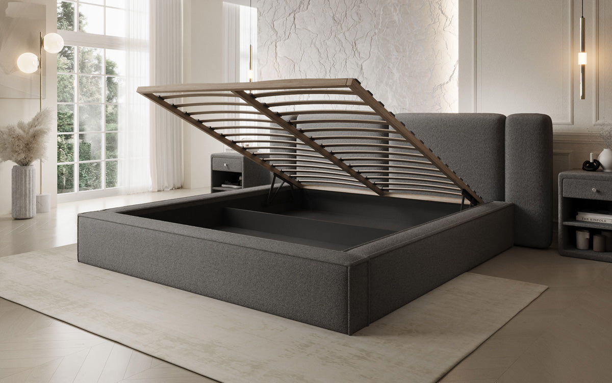 Designer upholstered bed Klara in Teddy bouclé with storage