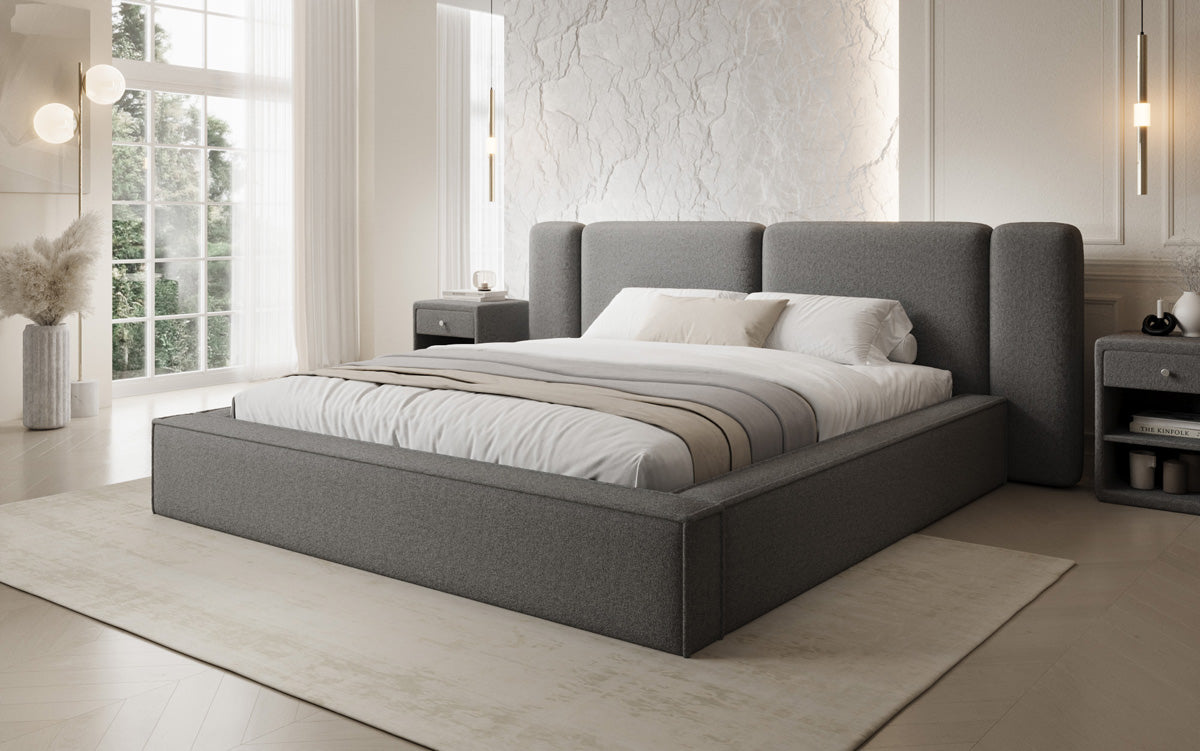 Designer upholstered bed Klara in Teddy bouclé with storage