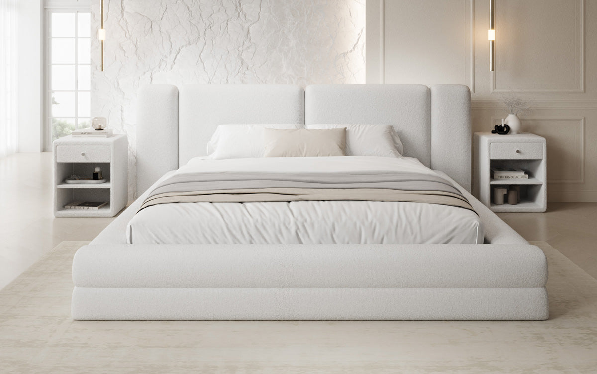 Designer upholstered bed Theresa in teddy bouclé with storage