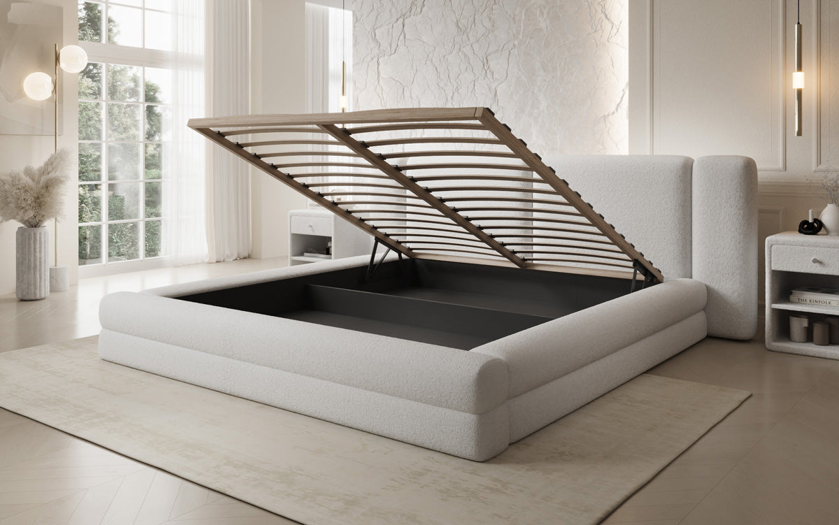 Designer upholstered bed Theresa in teddy bouclé with storage