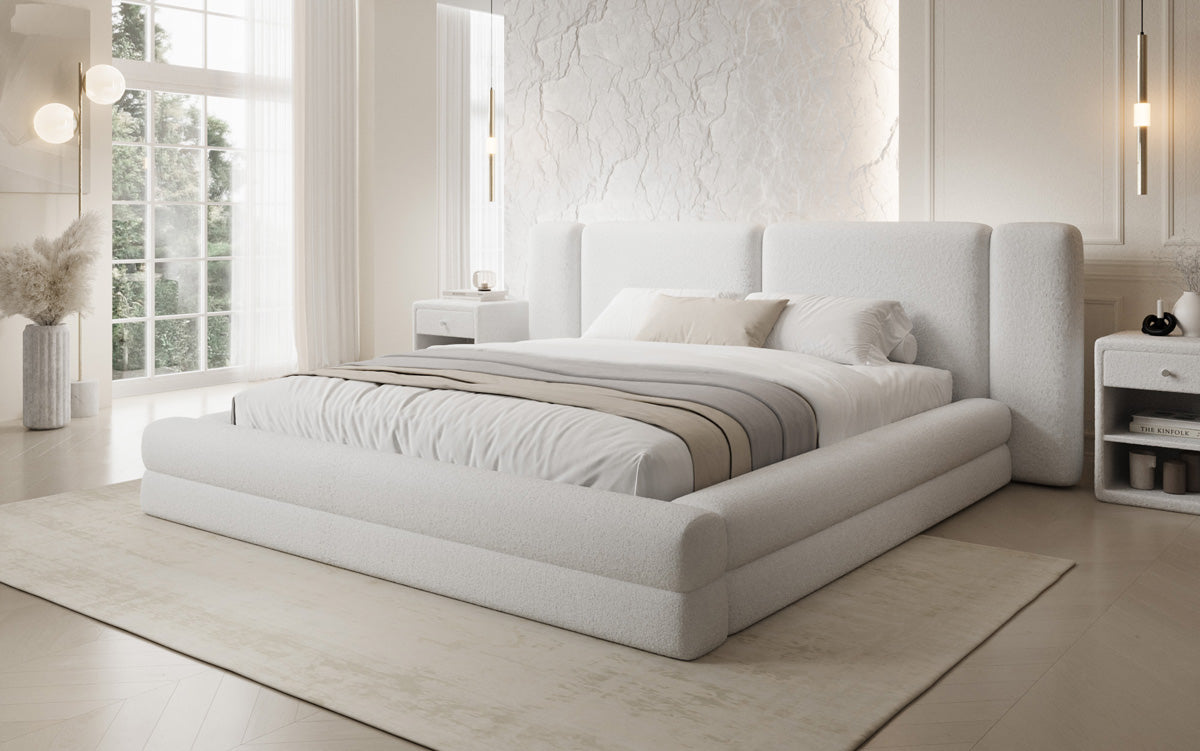 Designer upholstered bed Theresa in teddy bouclé with storage