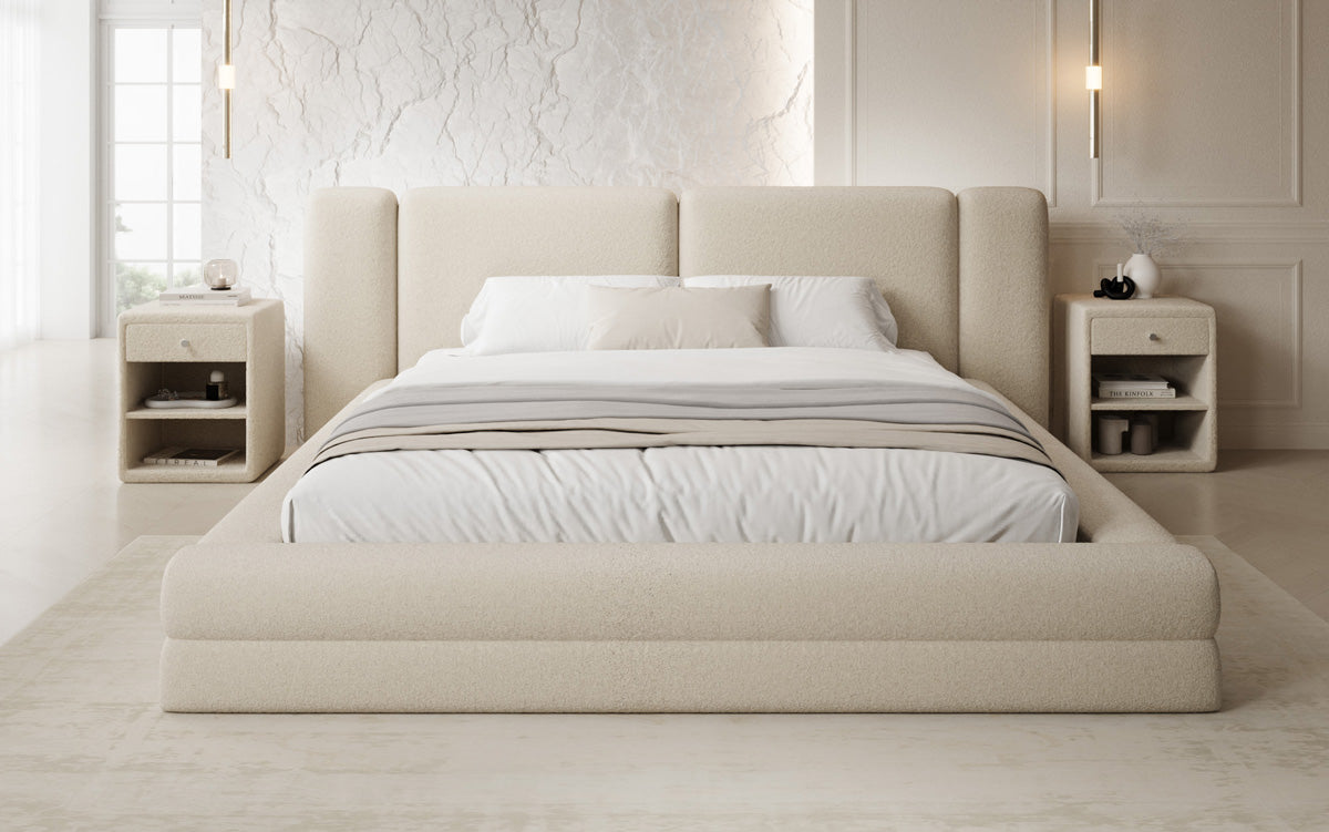 Designer upholstered bed Theresa in teddy bouclé with storage