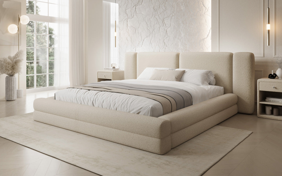 Designer upholstered bed Theresa in teddy bouclé with storage