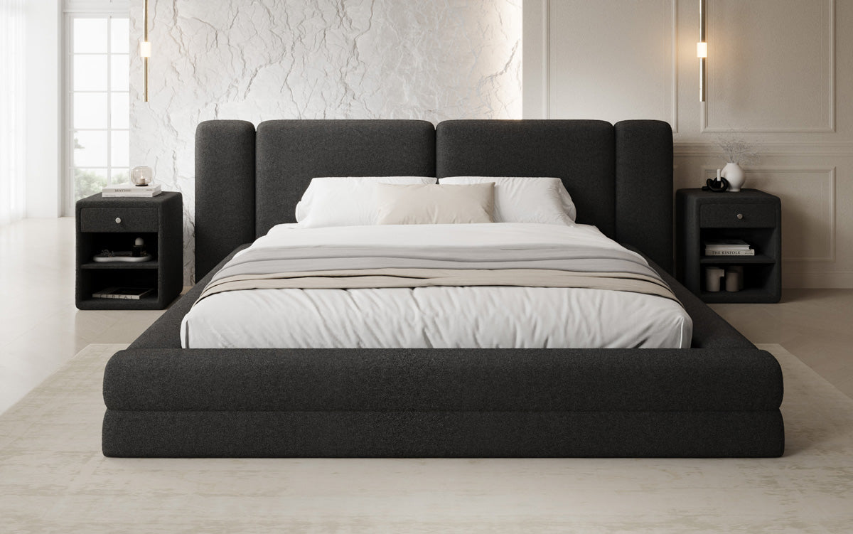 Designer upholstered bed Theresa in teddy bouclé with storage