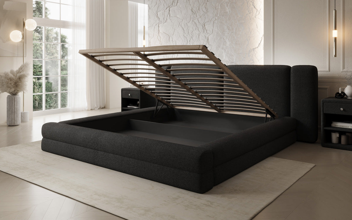 Designer upholstered bed Theresa in teddy bouclé with storage