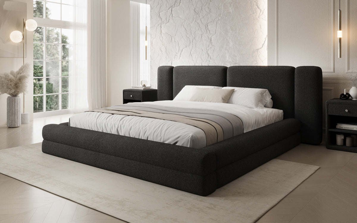 Designer upholstered bed Theresa in teddy bouclé with storage