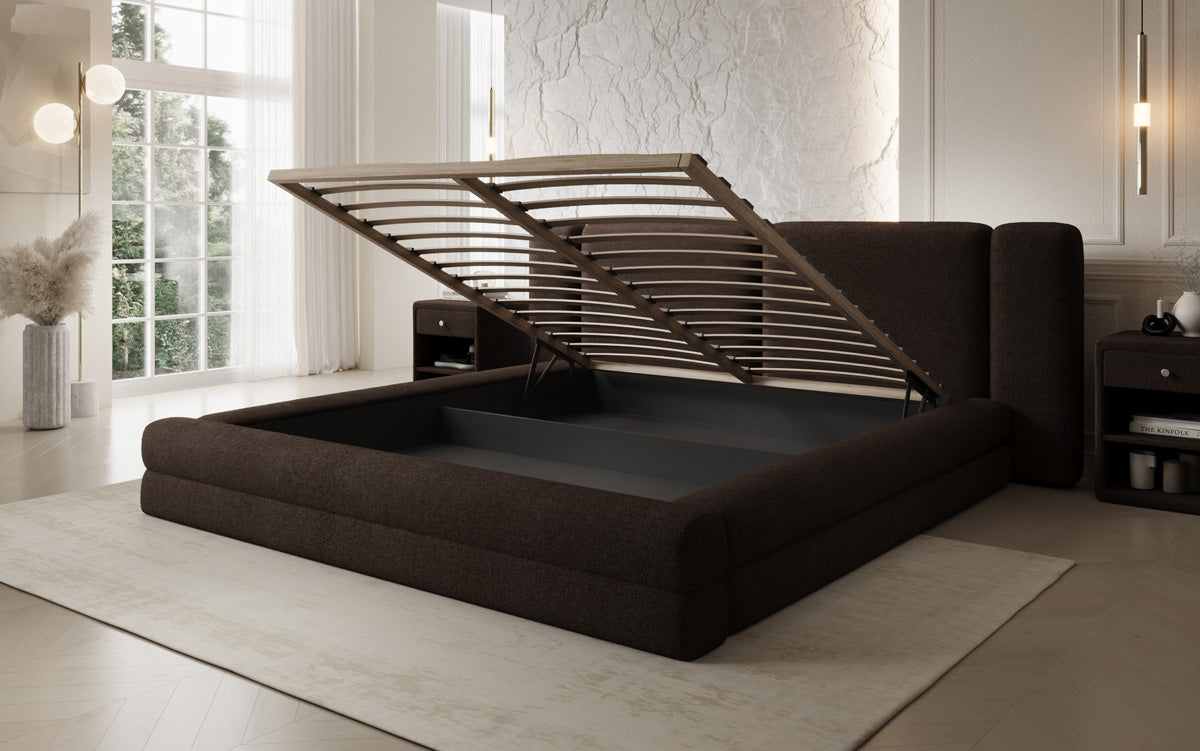 Designer upholstered bed Theresa in teddy bouclé with storage