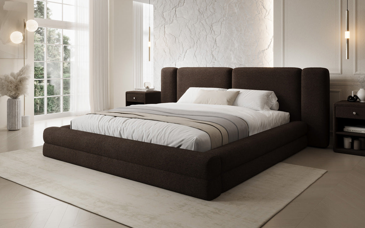 Designer upholstered bed Theresa in teddy bouclé with storage