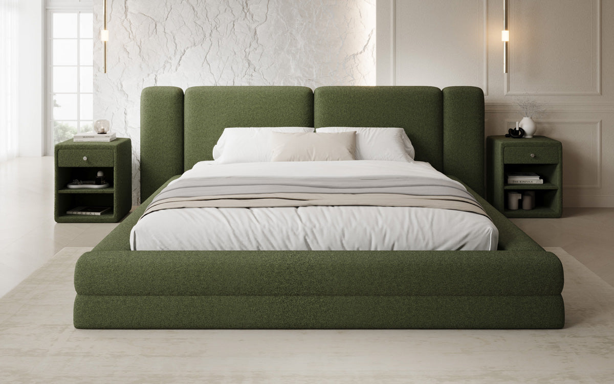 Designer upholstered bed Theresa in teddy bouclé with storage