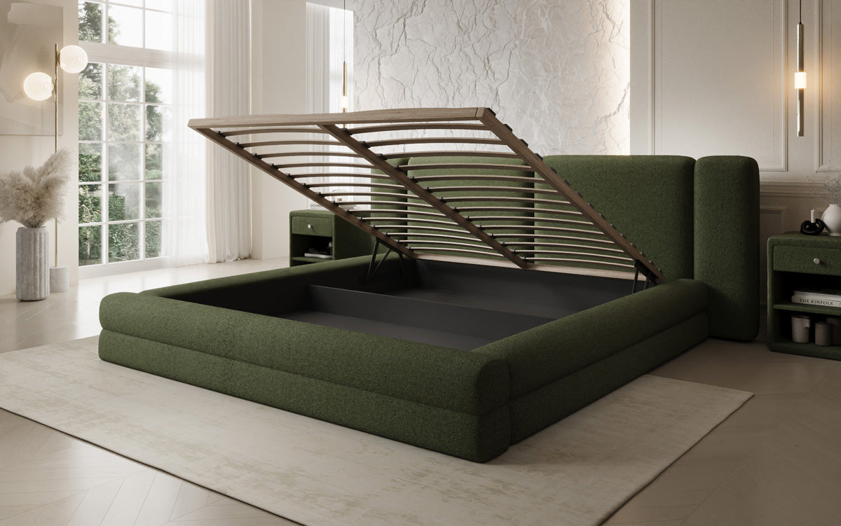 Designer upholstered bed Theresa in teddy bouclé with storage