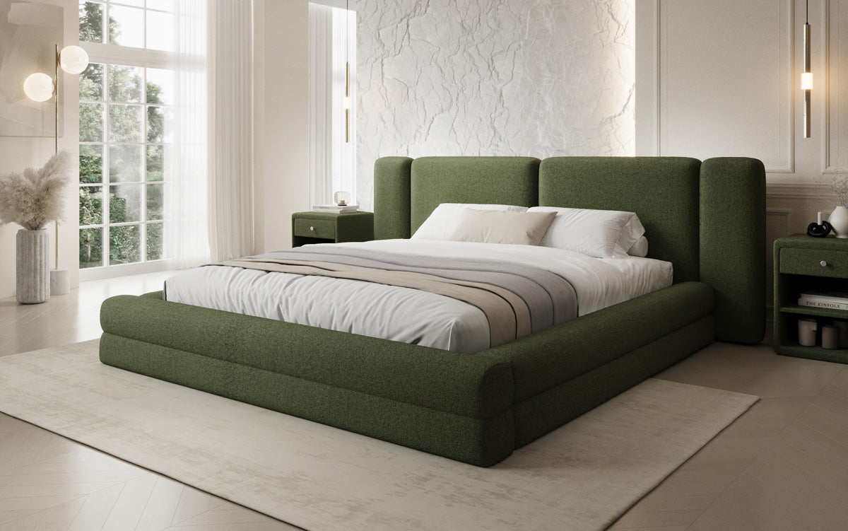 Designer upholstered bed Theresa in teddy bouclé with storage