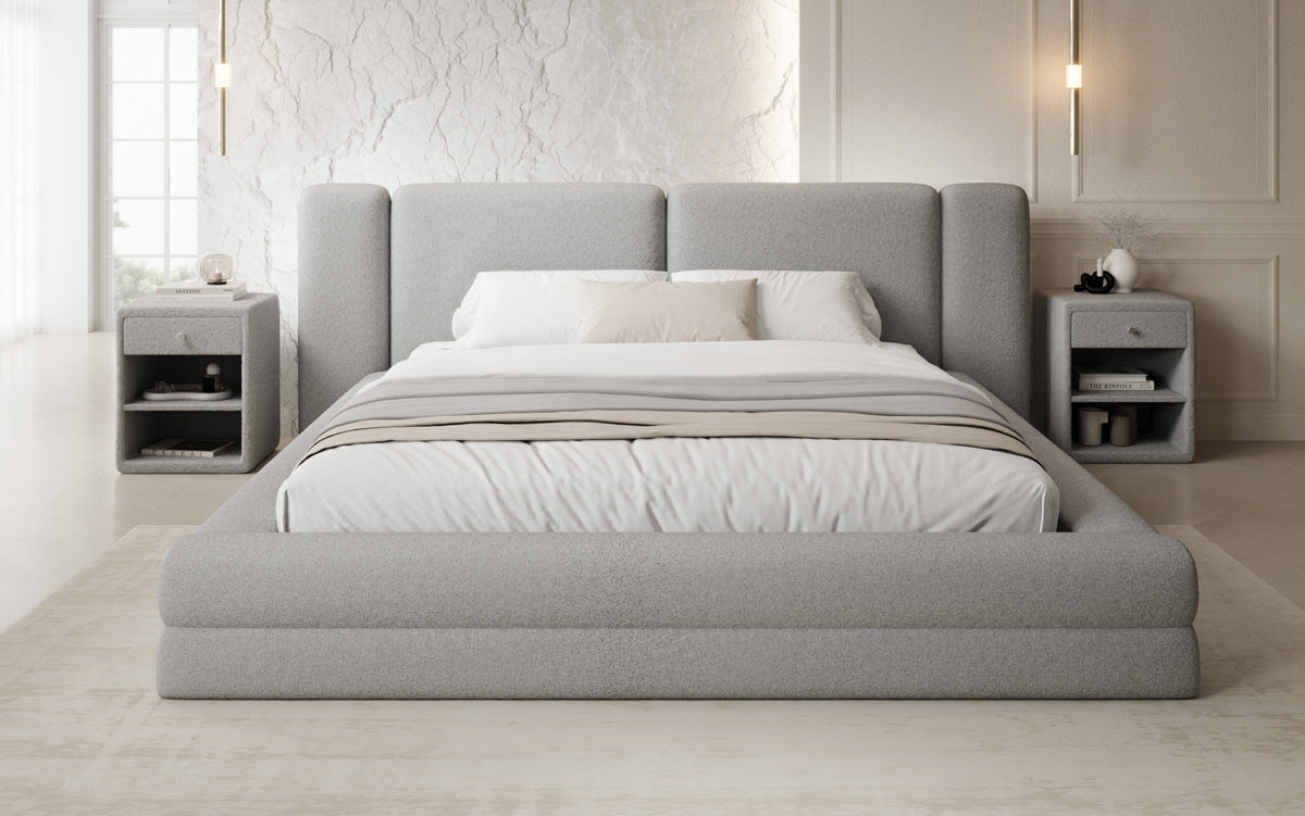 Designer upholstered bed Theresa in teddy bouclé with storage
