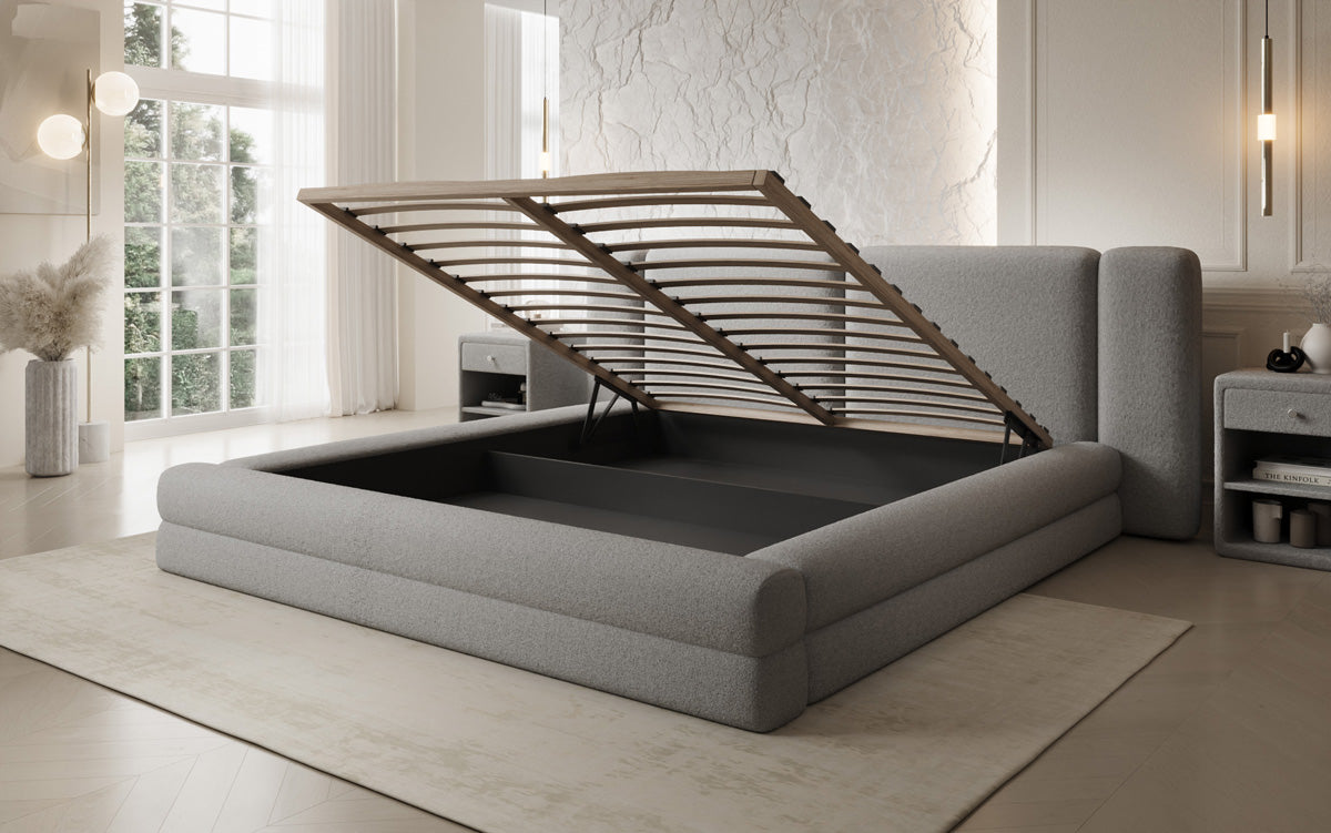 Designer upholstered bed Theresa in teddy bouclé with storage