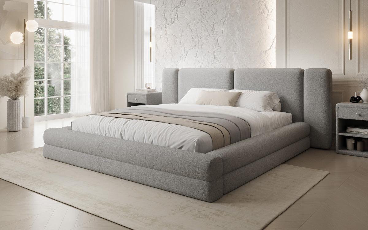 Designer upholstered bed Theresa in teddy bouclé with storage