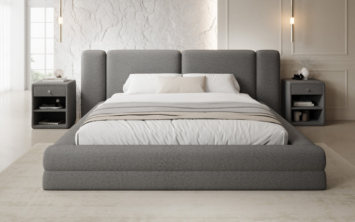 Designer upholstered bed Theresa in teddy bouclé with storage