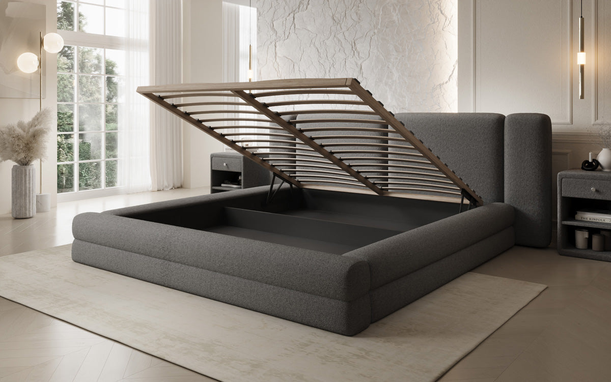 Designer upholstered bed Theresa in teddy bouclé with storage