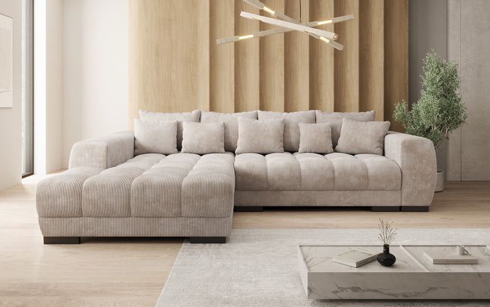 Designer corner sofa Balu with sleeper function and storage in Corduroy
