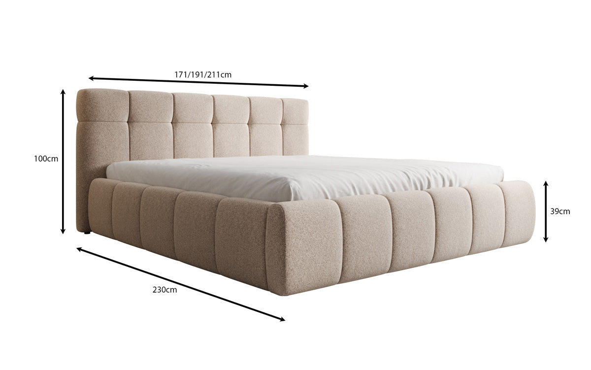 Designer upholstered bed Helena in textured fabric with storage