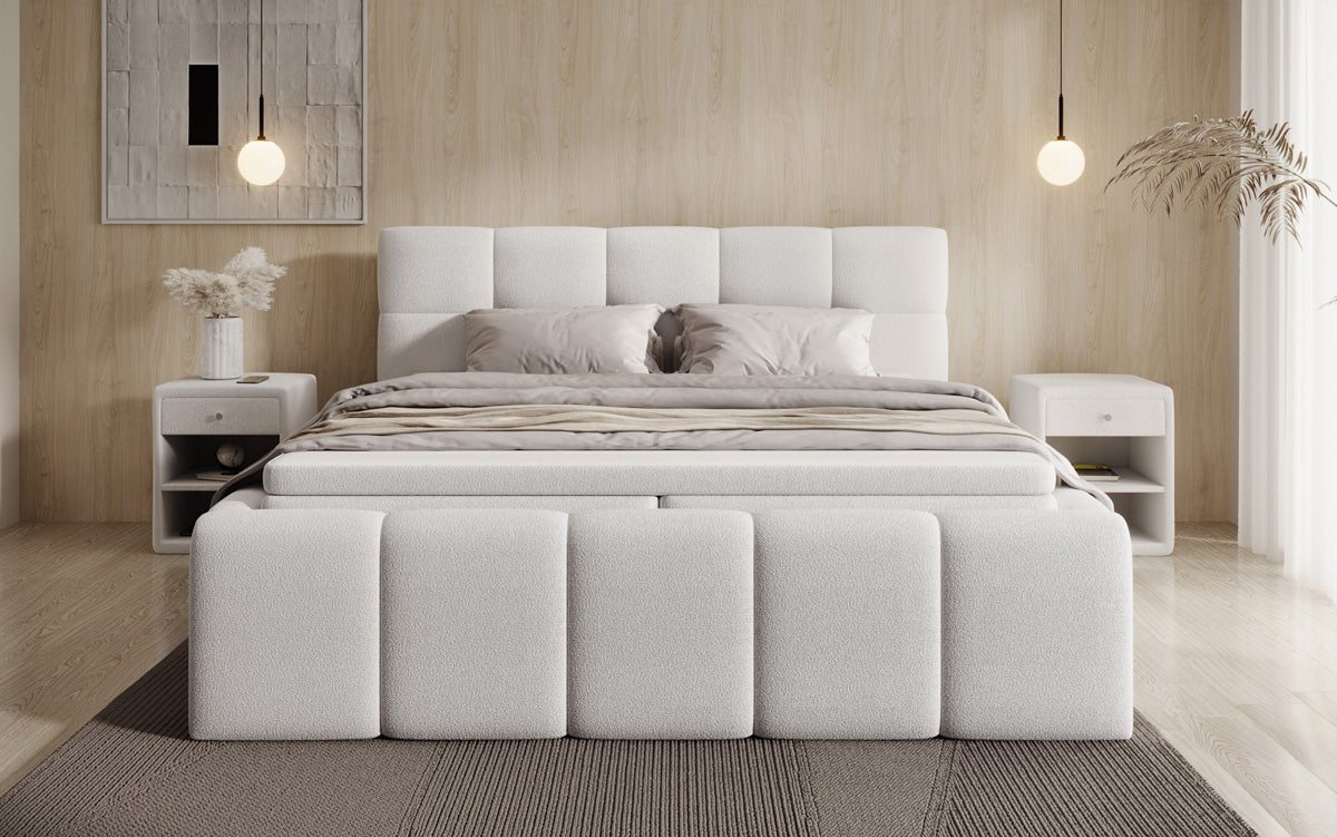 Designer upholstered bed Romy in Teddy Bouclé with storage, including mattresses