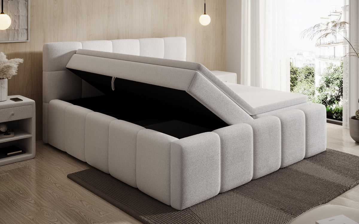 Designer upholstered bed Romy in Teddy Bouclé with storage, including mattresses