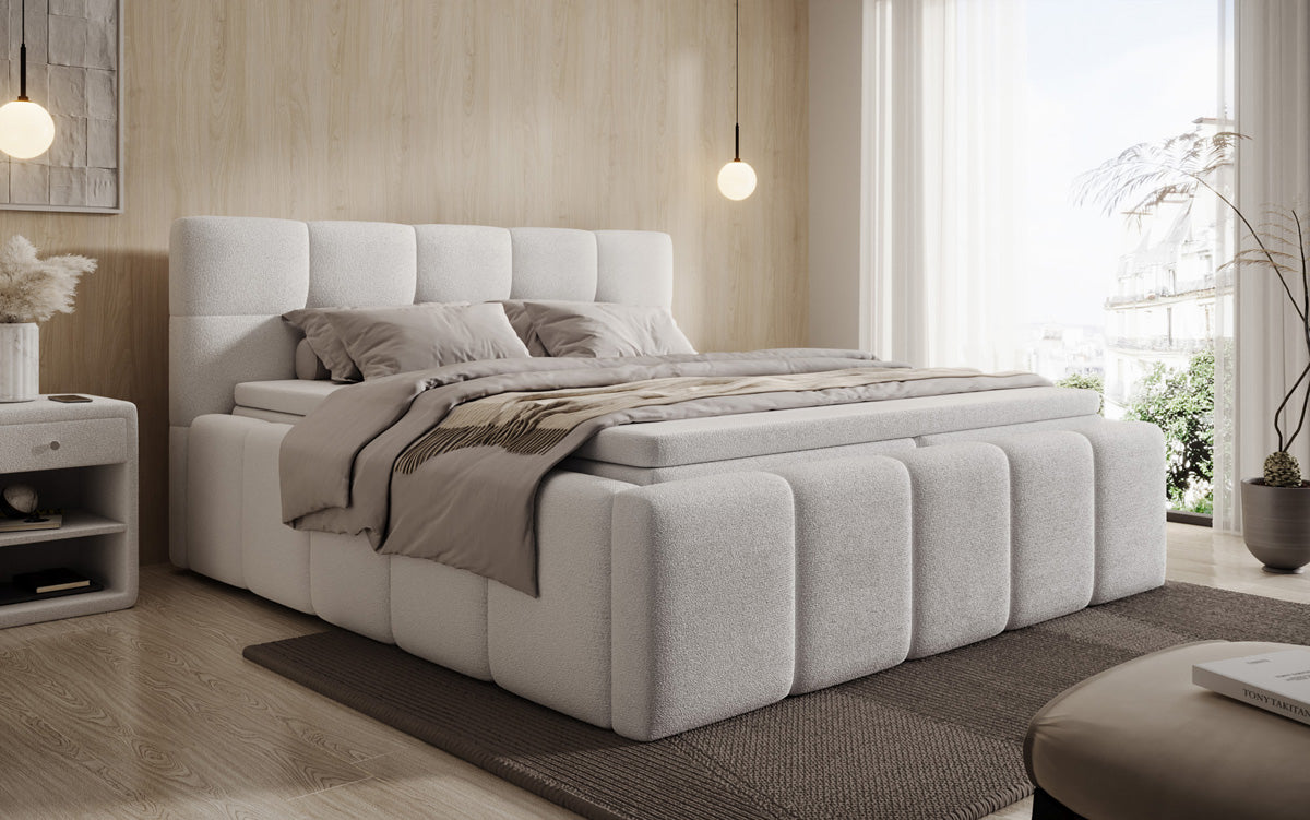 Designer upholstered bed Romy in Teddy Bouclé with storage, including mattresses