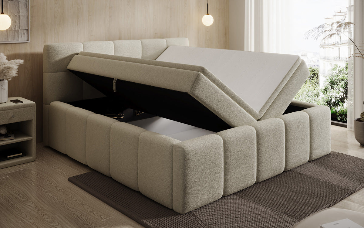 Designer upholstered bed Romy in Teddy Bouclé with storage, including mattresses