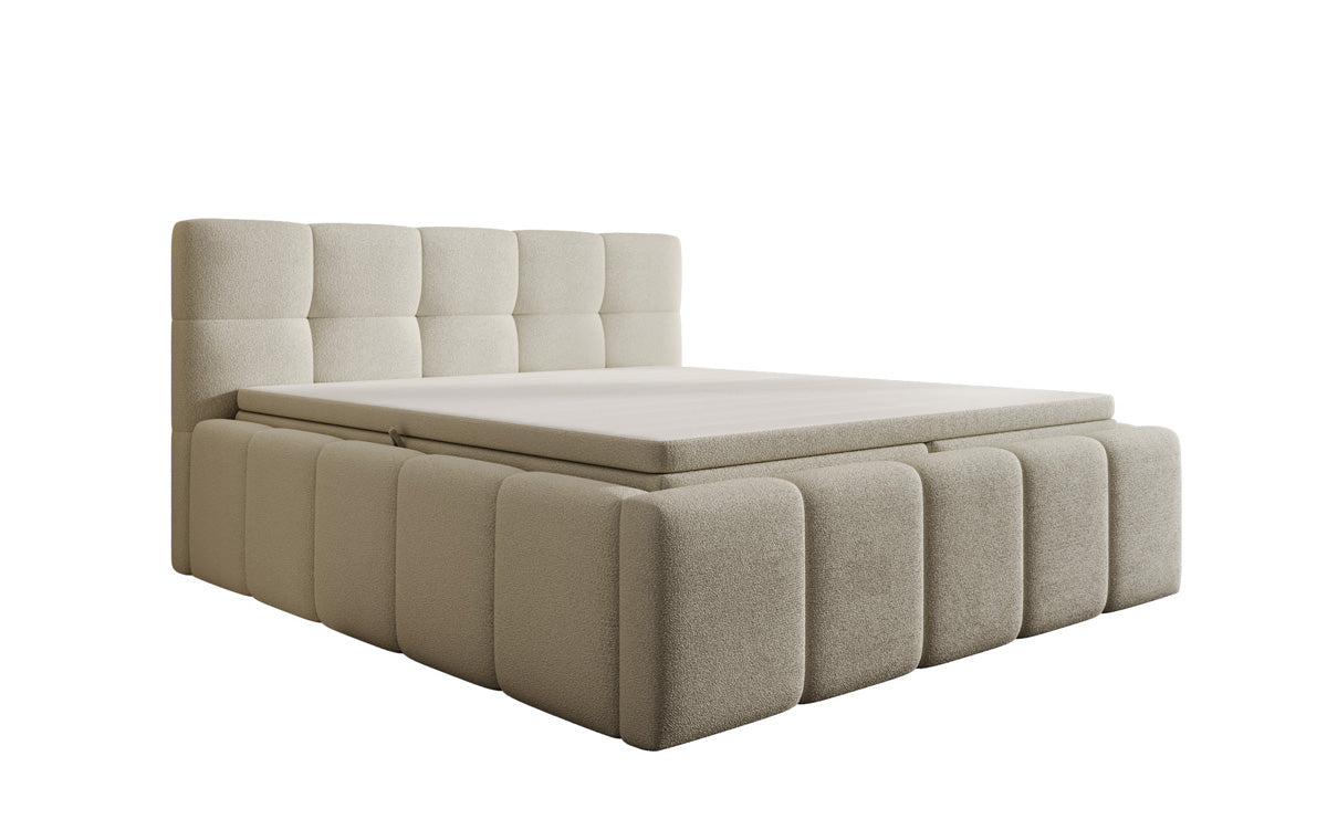 Designer upholstered bed Romy in Teddy Bouclé with storage, including mattresses