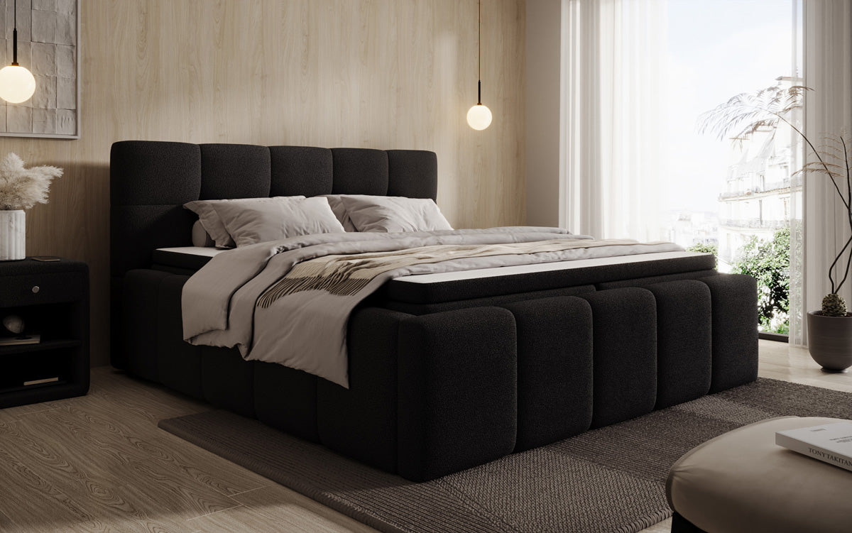 Designer upholstered bed Romy in Teddy Bouclé with storage, including mattresses