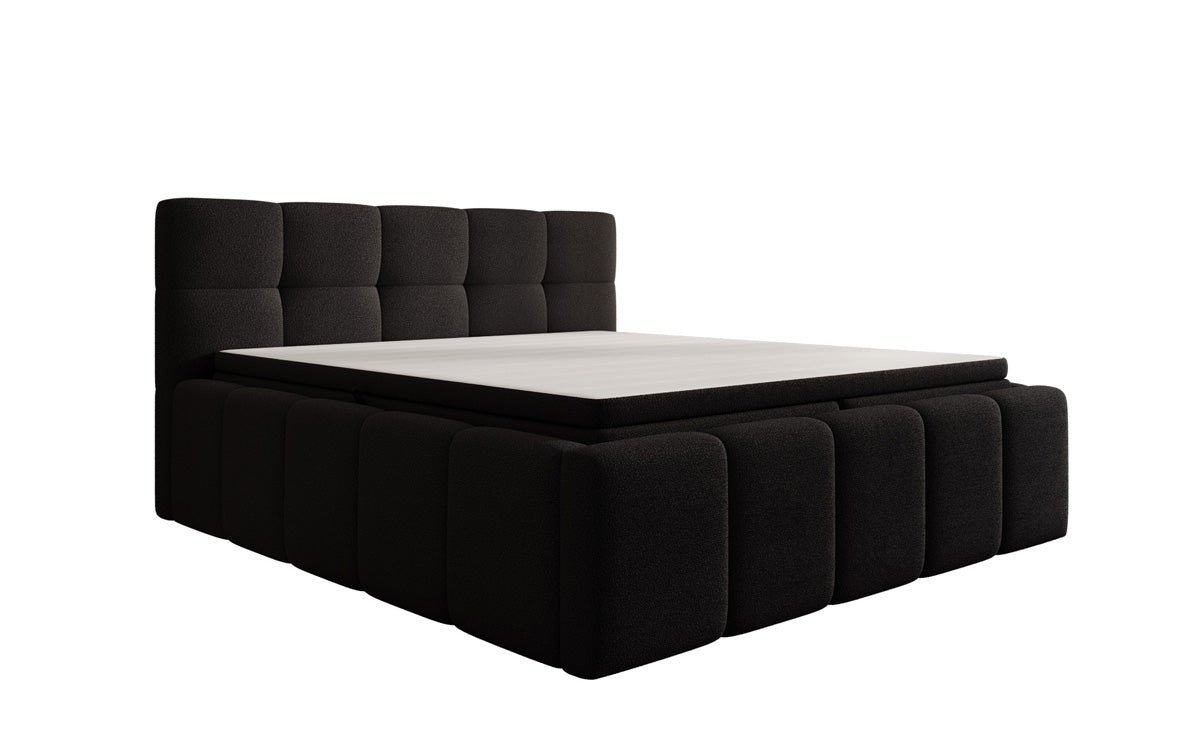 Designer upholstered bed Romy in Teddy Bouclé with storage, including mattresses