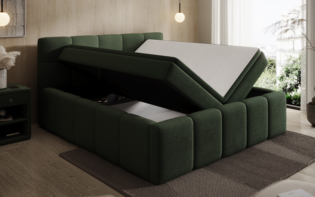 Designer upholstered bed Romy in Teddy Bouclé with storage, including mattresses