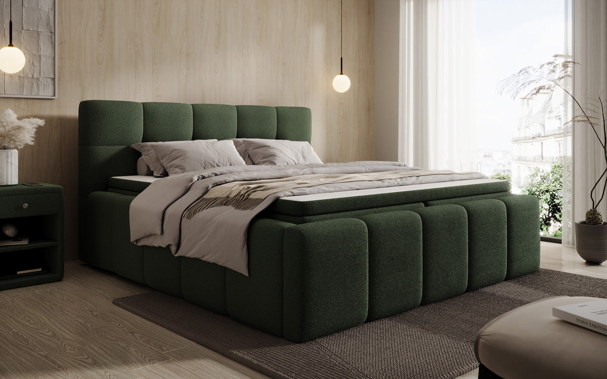Designer upholstered bed Romy in Teddy Bouclé with storage, including mattresses
