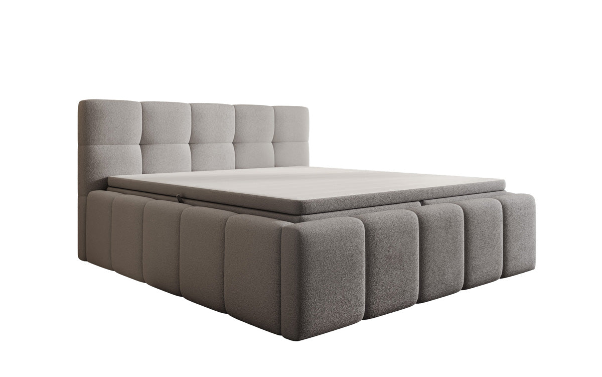 Designer upholstered bed Romy in Teddy Bouclé with storage, including mattresses