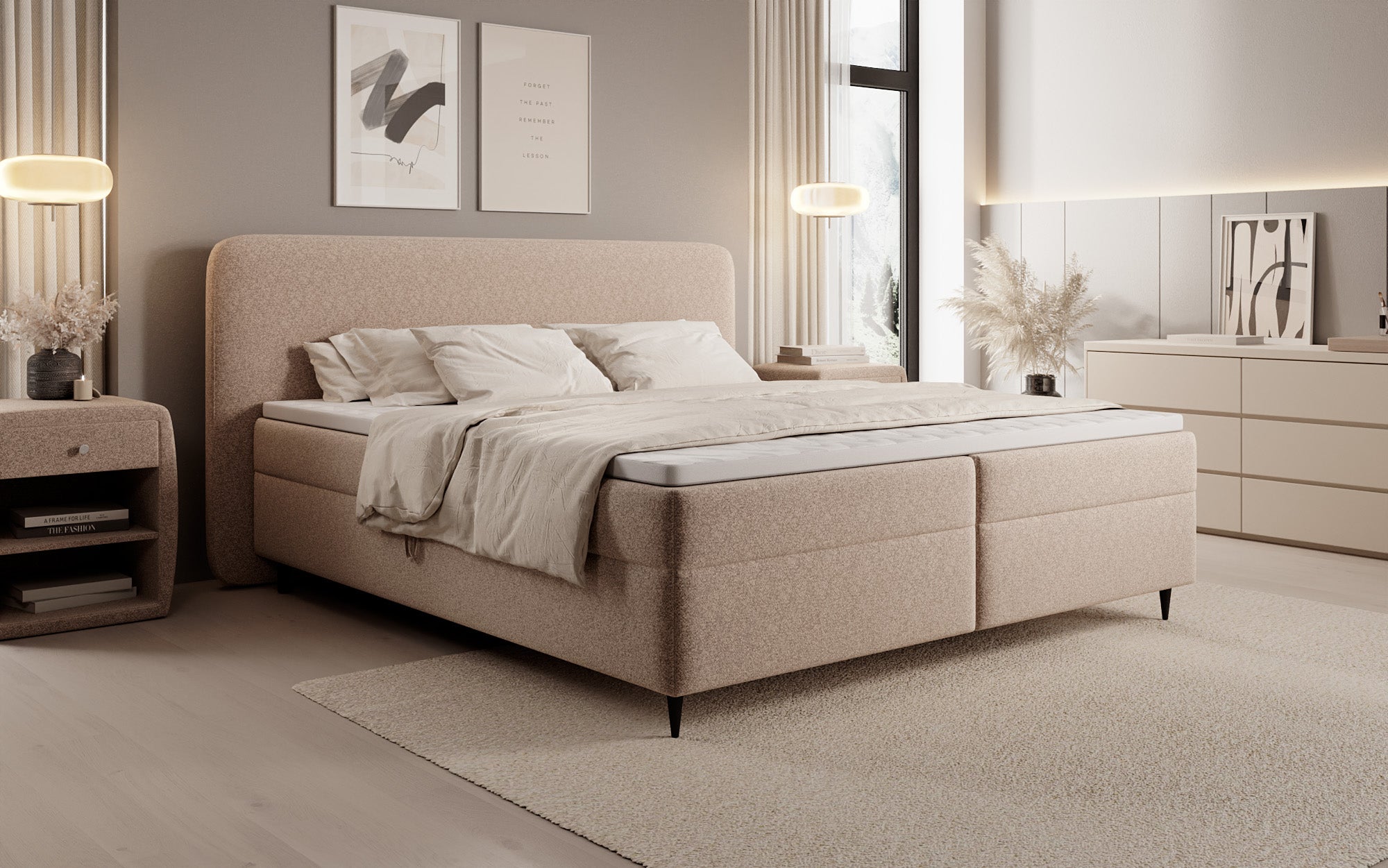 Box spring bed Nea in textured fabric with storage space