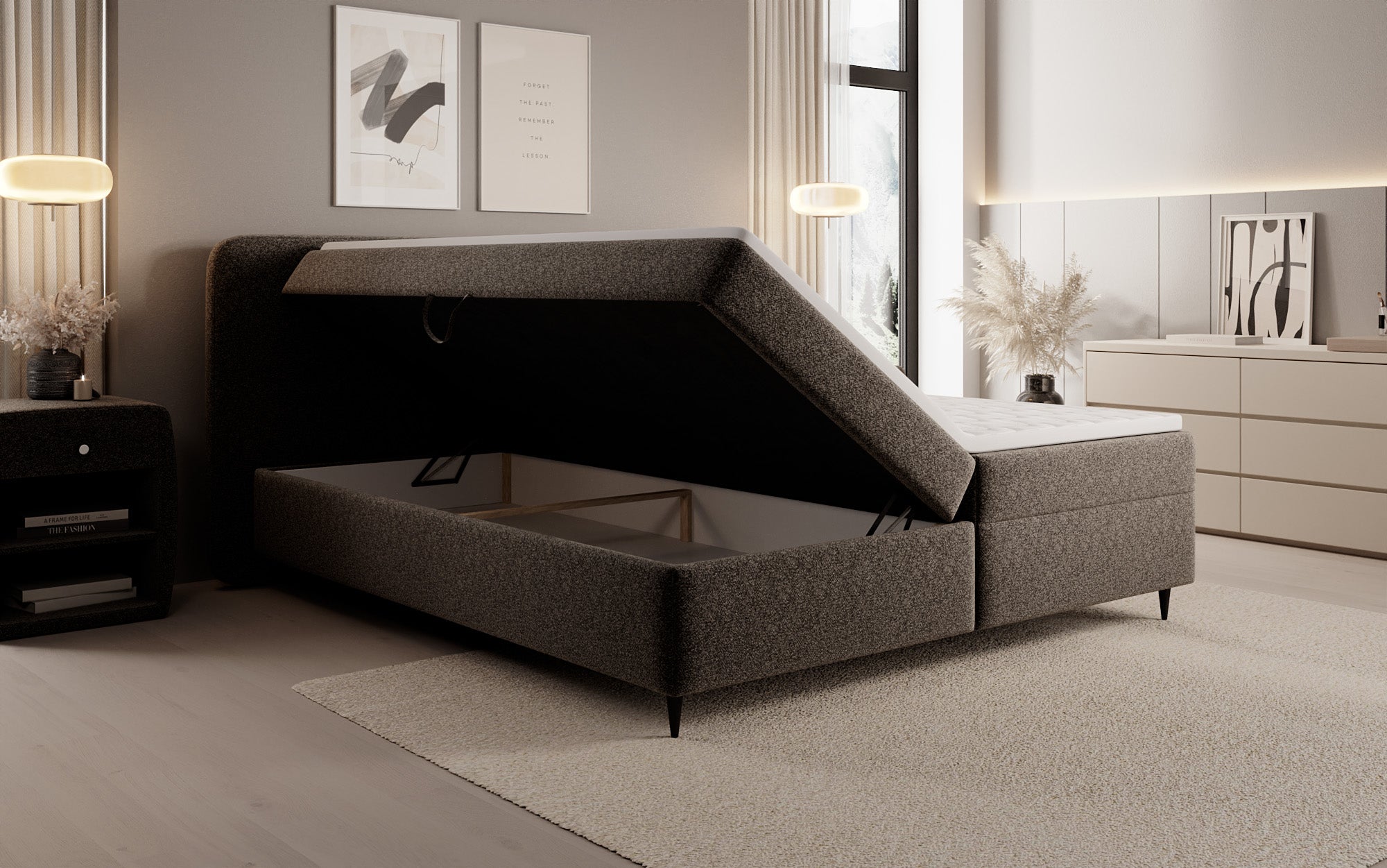 Box spring bed Nea in textured fabric with storage space