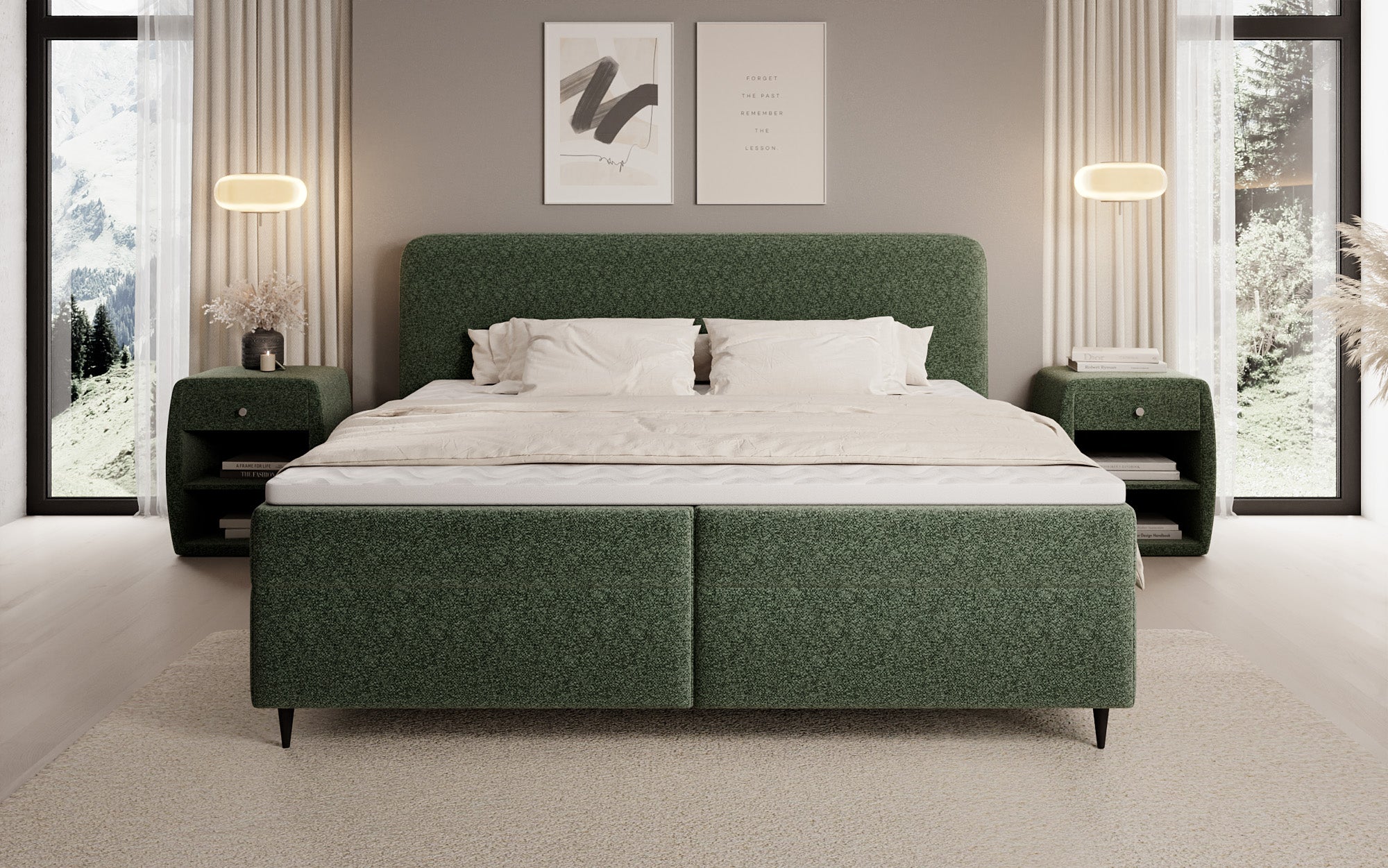 Box spring bed Nea in textured fabric with storage space