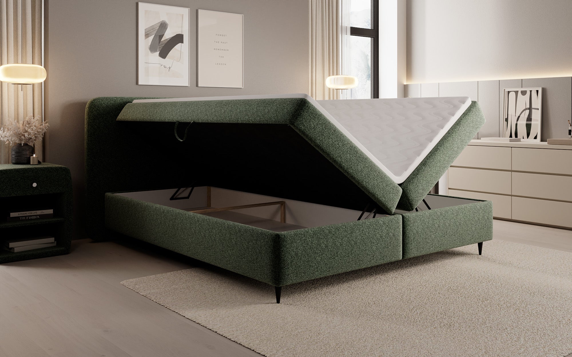 Box spring bed Nea in textured fabric with storage space