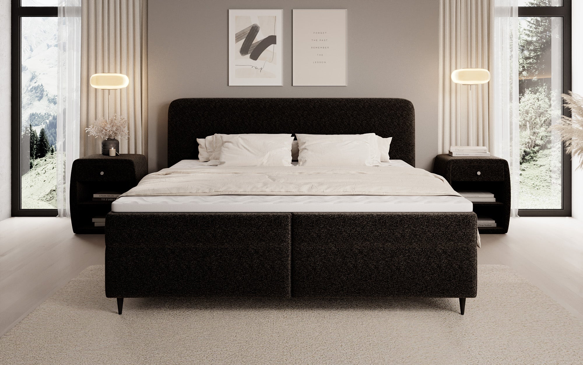 Box spring bed Nea in textured fabric with storage space