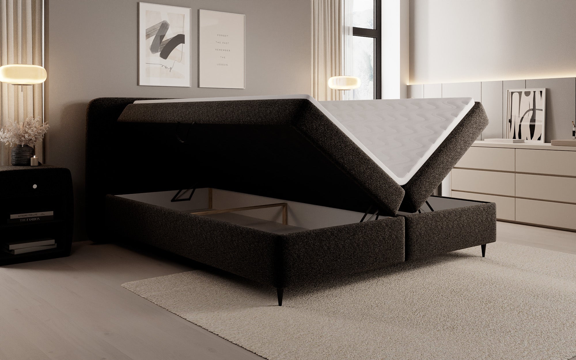Box spring bed Nea in textured fabric with storage space