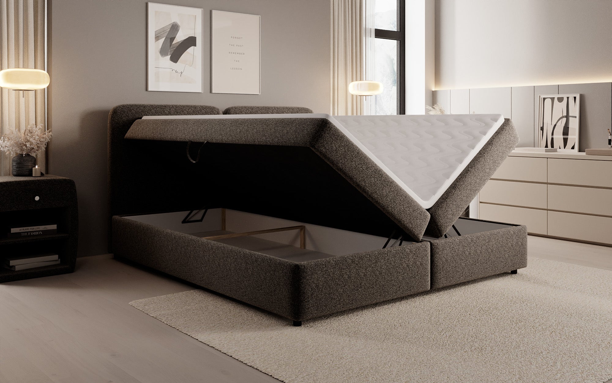 Box spring bed Mira in textured fabric with storage space