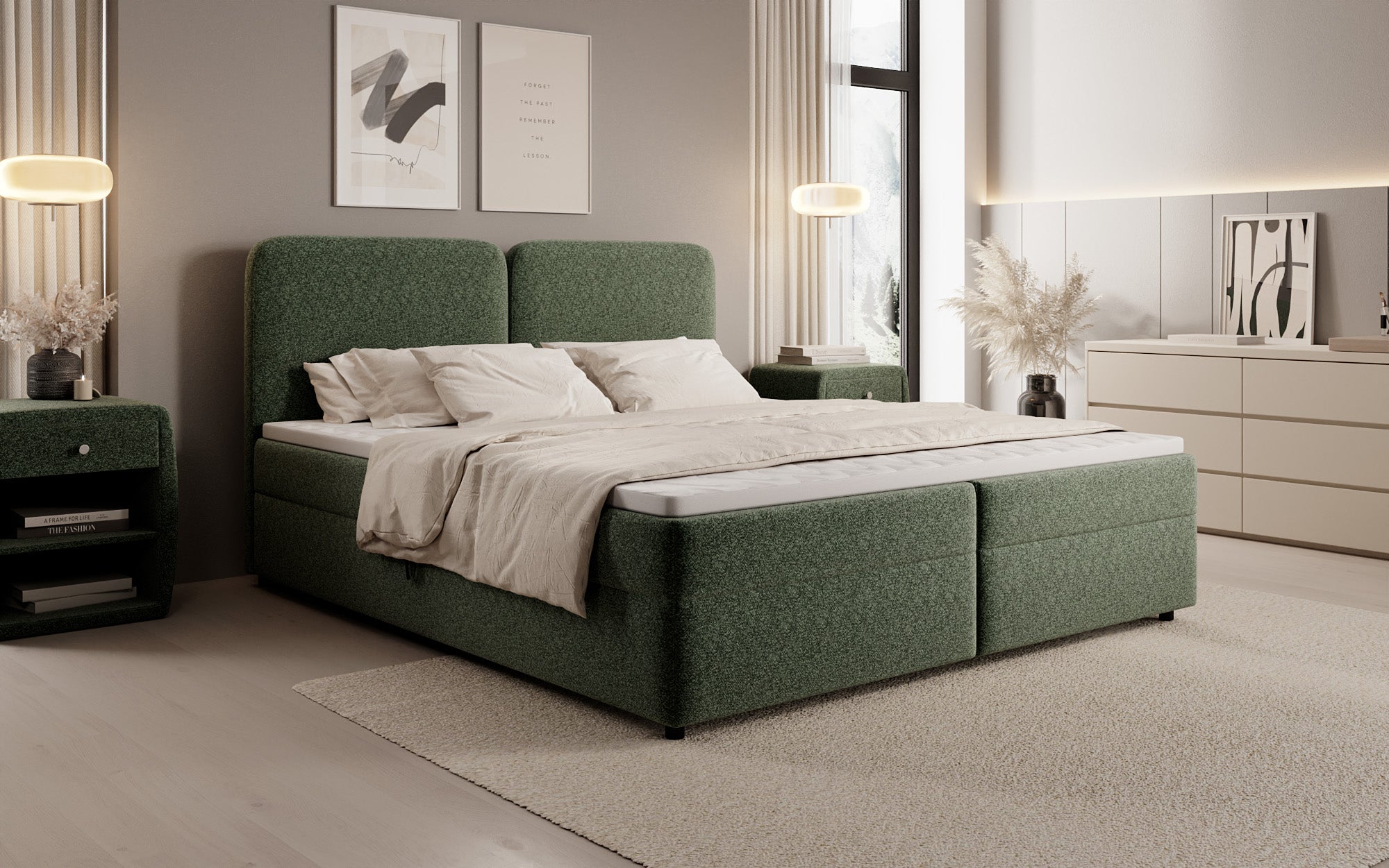 Box spring bed Mira in textured fabric with storage space