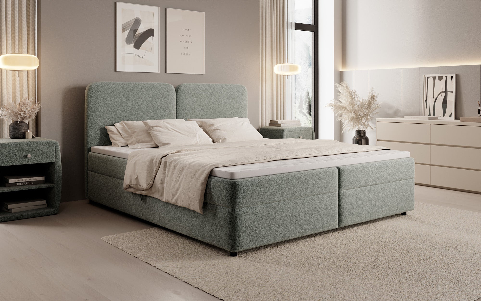 Box spring bed Mira in textured fabric with storage space