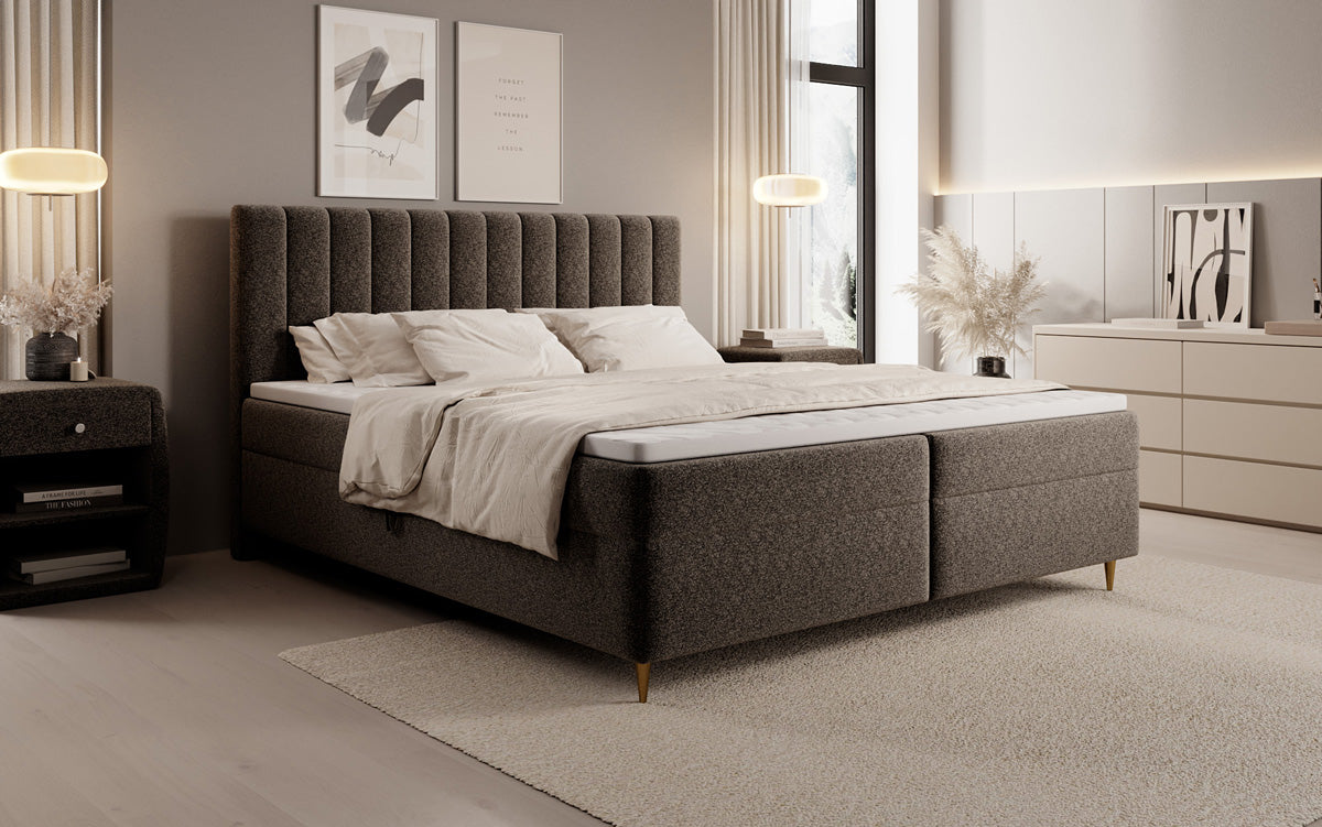 Chelsea box spring bed in textured fabric with storage space