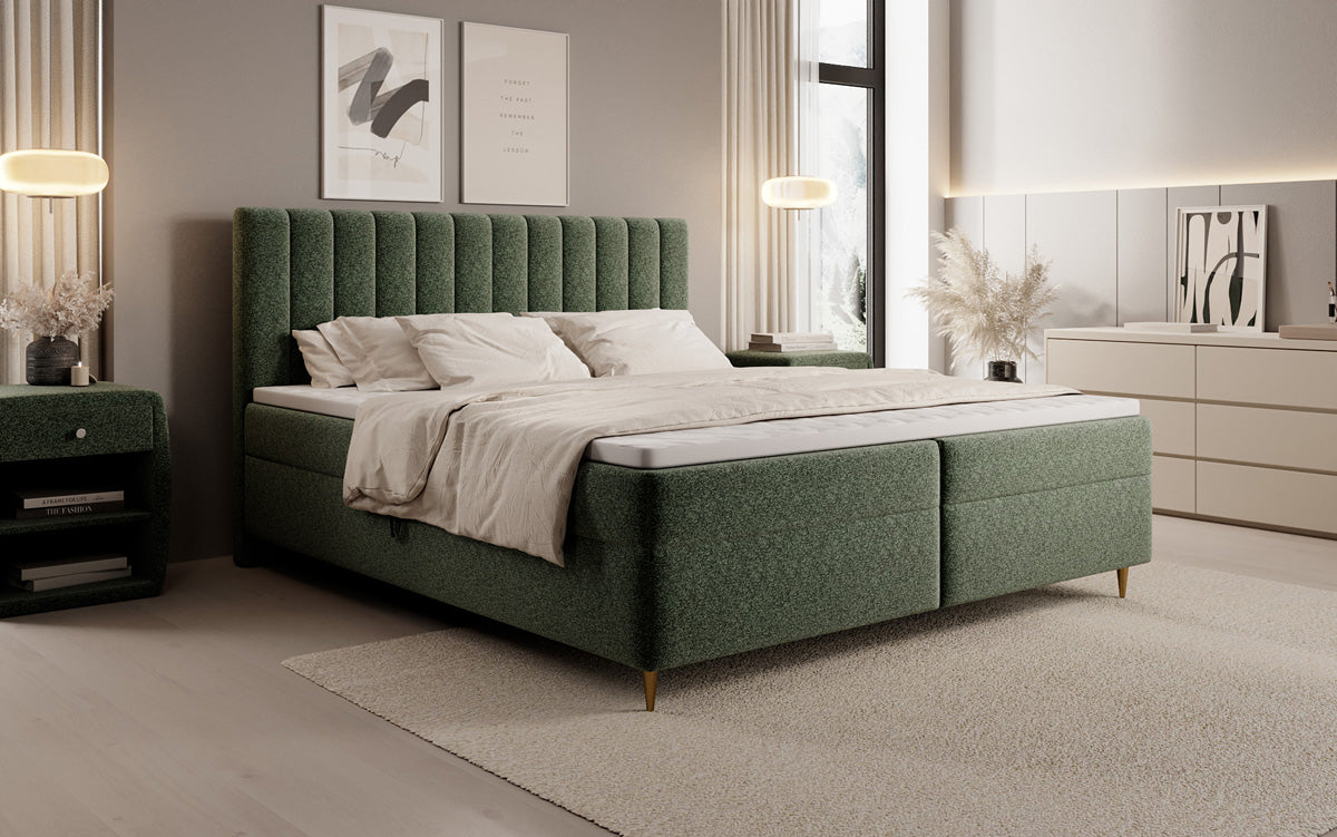 Chelsea box spring bed in textured fabric with storage space