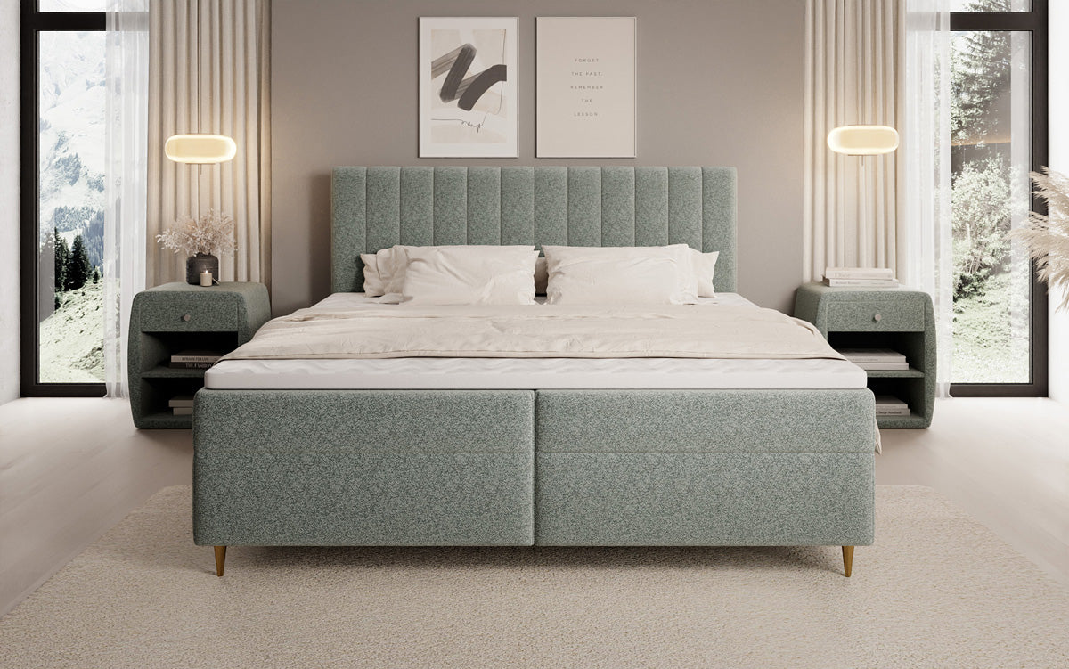 Chelsea box spring bed in textured fabric with storage space