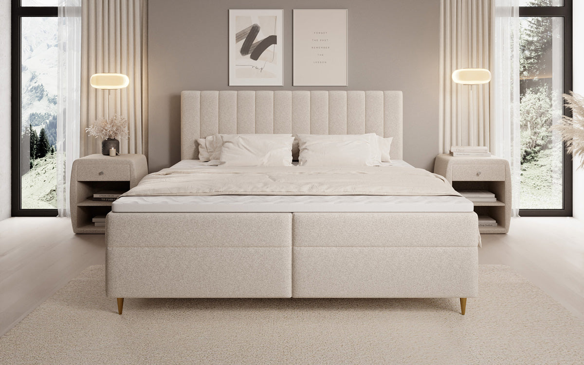 Chelsea box spring bed in textured fabric with storage space