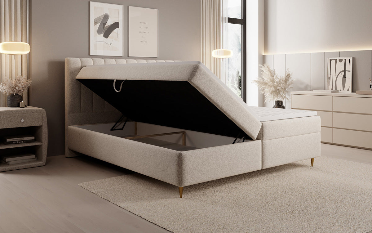 Chelsea box spring bed in textured fabric with storage space