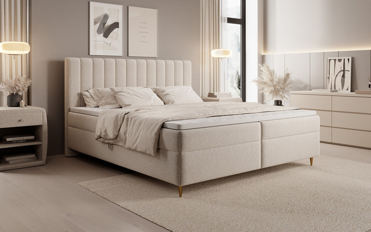Chelsea box spring bed in textured fabric with storage space