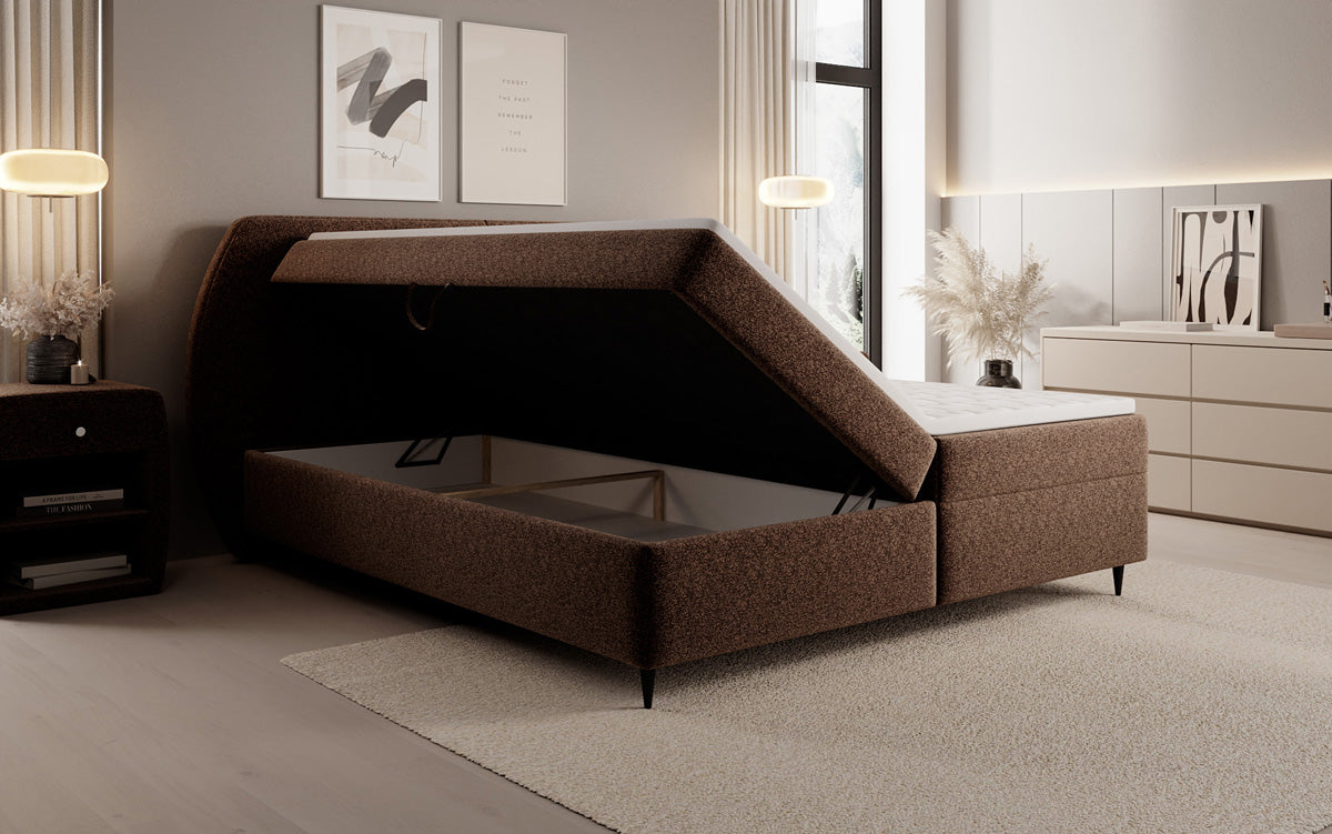 Box spring bed Nara in textured fabric with storage space