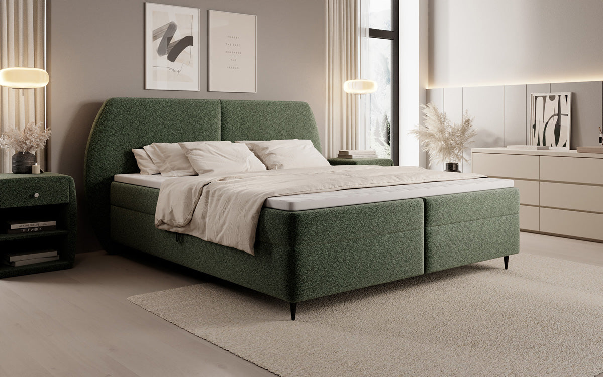 Box spring bed Nara in textured fabric with storage space